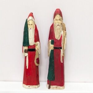 MIDWEST CANNON FALLS Carved Wooden Santa Set of 2 Folk Art Primitive Christmas